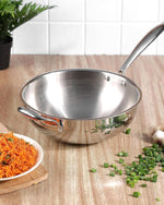 Vinod Platinum Triply Stainless Steel Wok with Riveted Sturdy Handle -26cm, 3 Liters, Silver (Induction Friendly)