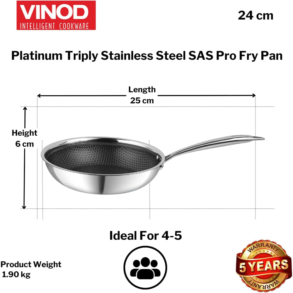 Vinod Platinum Triply Stainless Steel SAS Pro Fry Pan - 24cm, Silver (Induction Friendly)