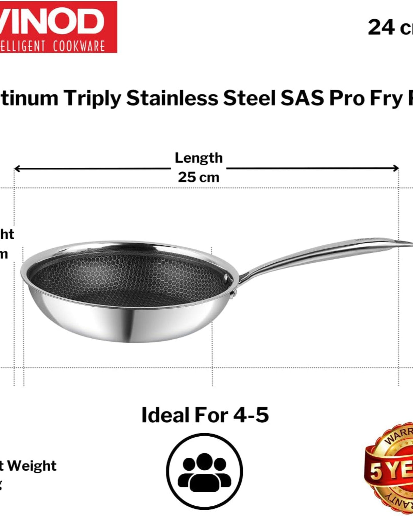 Vinod Platinum Triply Stainless Steel SAS Pro Fry Pan - 24cm, Silver (Induction Friendly)