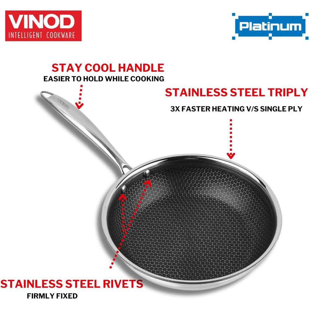 Vinod Platinum Triply Stainless Steel SAS Pro Fry Pan - 24cm, Silver (Induction Friendly)