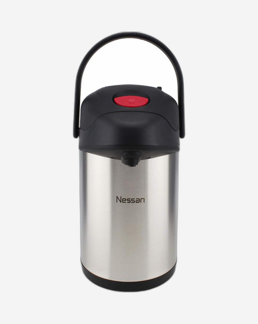 Nessan Insulated Stainless Steel Pump Flask, Silver, 3.5L | Double Wall Vacuum Insulated Beverage Flask for Hot & Cold Drinks