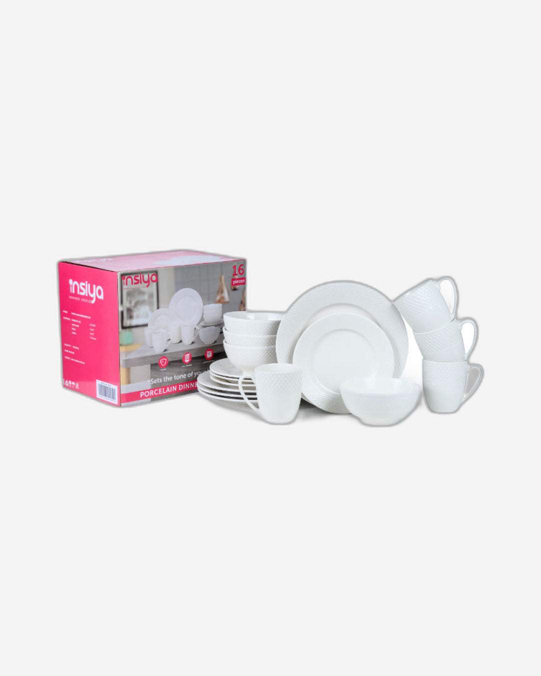 Insiya 16-piece Dinnerware Set, Dinner Set, Kitchen Dinnerware Porcelain Ceramic Crockery Set, Dinner Service Set for 4, 26.7 cm Dinner Plate, 20.3 cm Side Plate, 15.2 cm Bowls, 350 ml Mugs - White