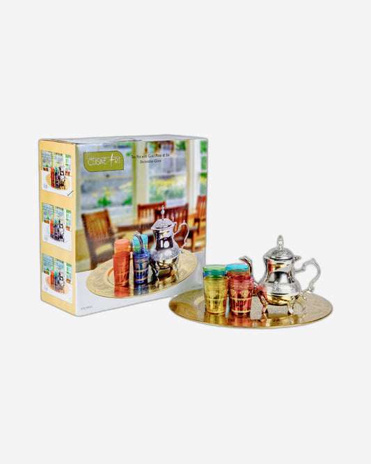 Cuisine Art Moroccan Teaset with Gold Tray Brass, Iron 6 Glasses - Multicolor