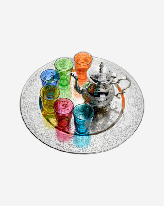 Cuisine Art Moroccan Teaset with Silver Tray Brass, Iron 6 Glasses - Multicolor