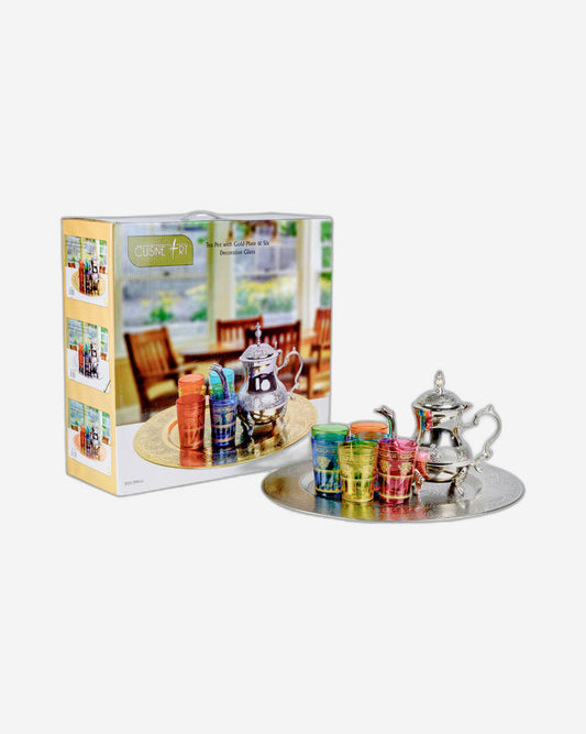 Cuisine Art Moroccan Teaset with Silver Tray Brass, Iron 6 Glasses - Multicolor