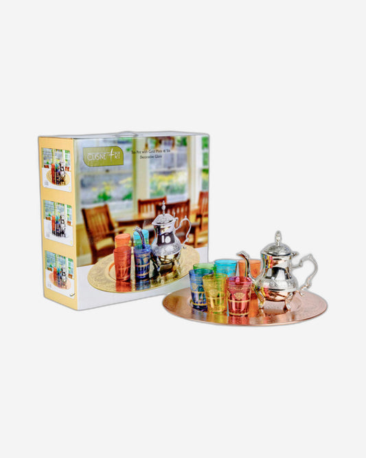 Cuisine Art Moroccan Teaset with Copper Tray Brass, Iron 6 Glasses - Multicolor