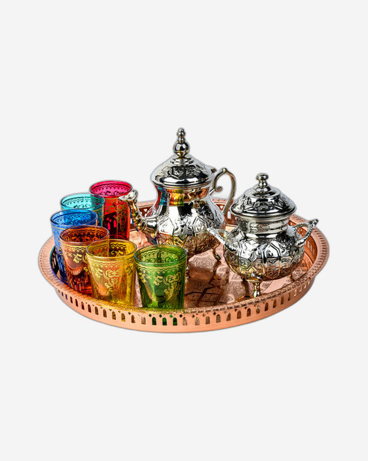 Cuisine Art Moroccan Brass Arwa Teaset with Copper Tray - 9 Pieces