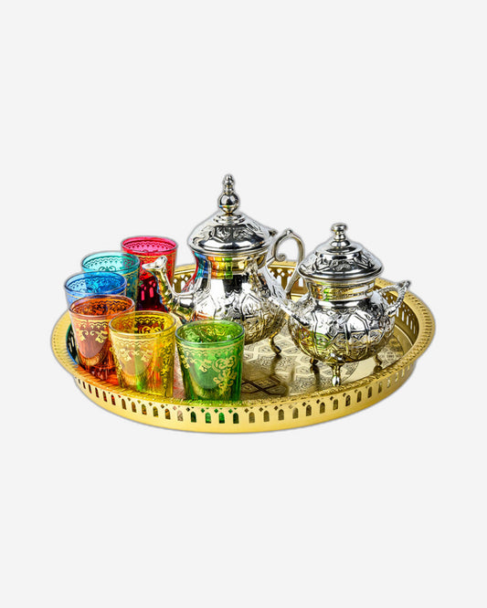Cuisine Art Moroccan Brass Arwa Teaset with Gold Tray - 9 Pieces