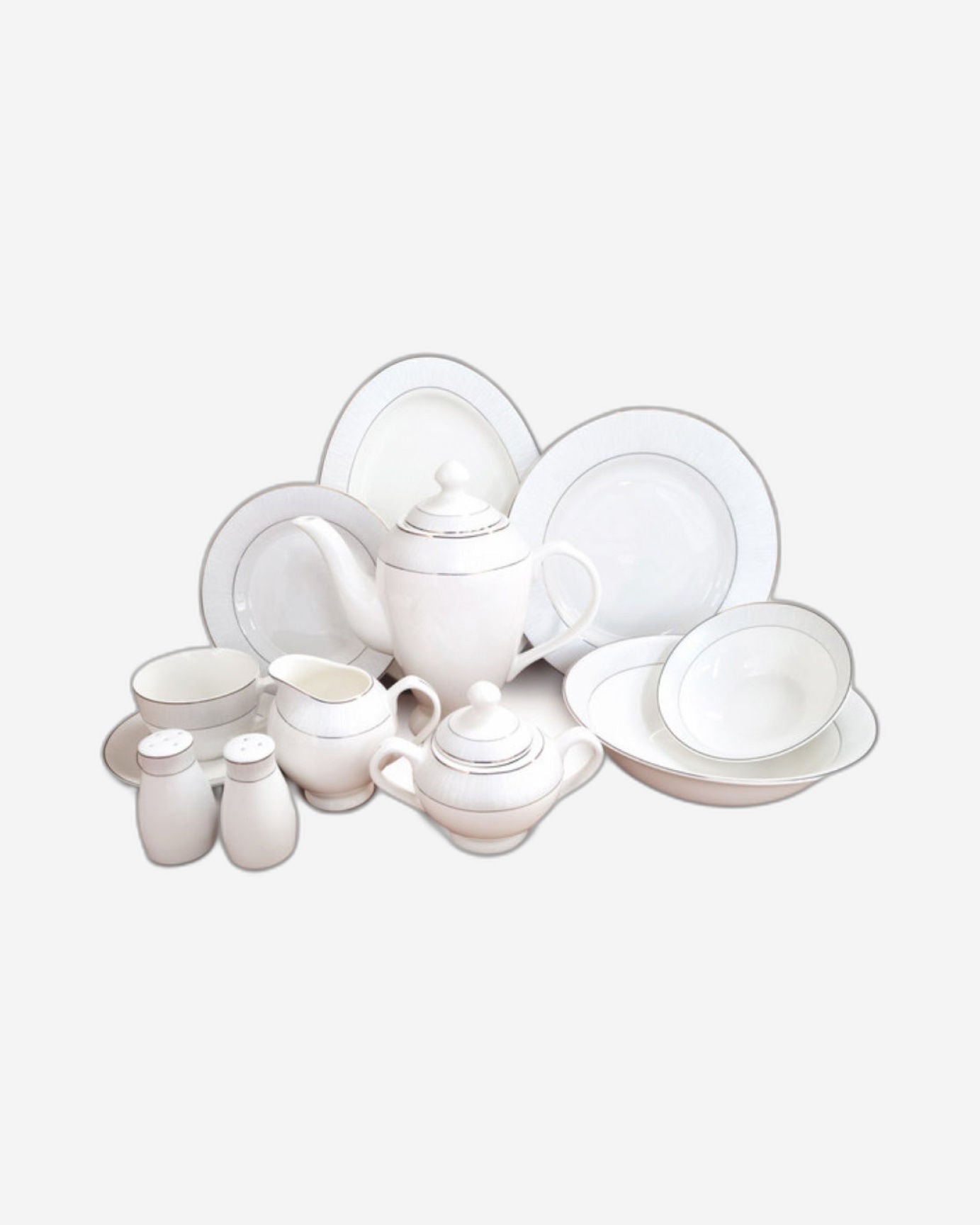 Shallow New Bone China Dinner Set - Feliz, 47 Pieces, White