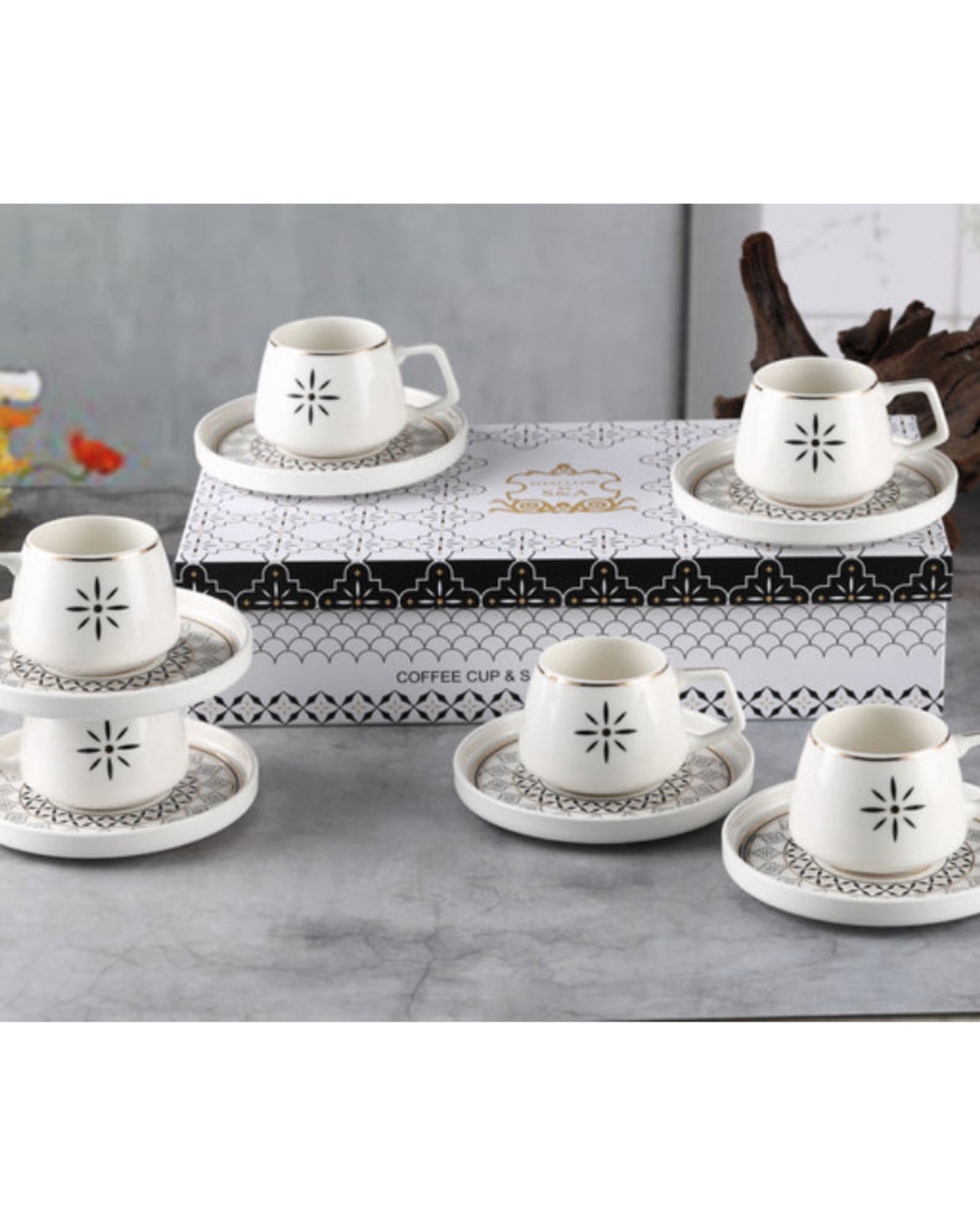 Shallow New Bone China Alfi Coffee Cup & Saucer Set, 100ml (White, 6 Cups, 6 Saucer)