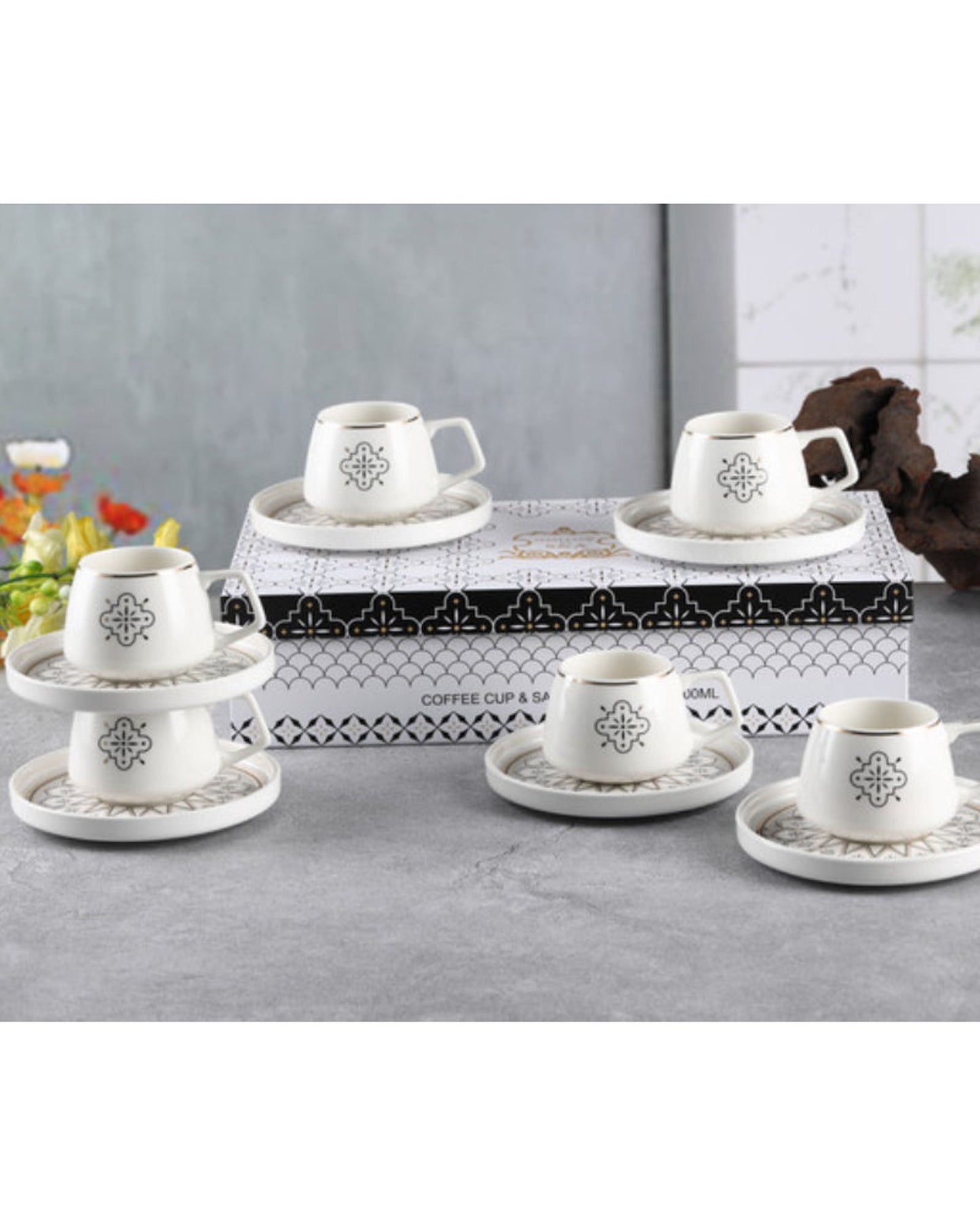 Shallow New Bone China Huma Coffee Cup & Saucer Set, 100ml (White, 6 Cups, 6 Saucer)