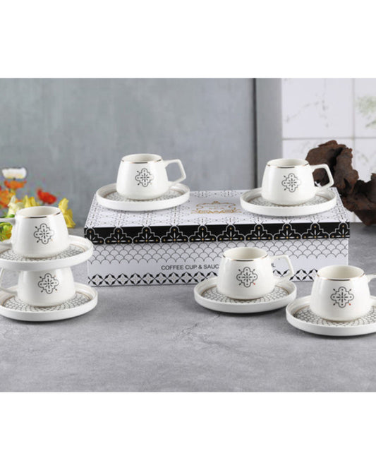 Shallow New Bone China Mona Coffee Cup & Saucer Set, 100ml (White, 6 Cups, 6 Saucer)