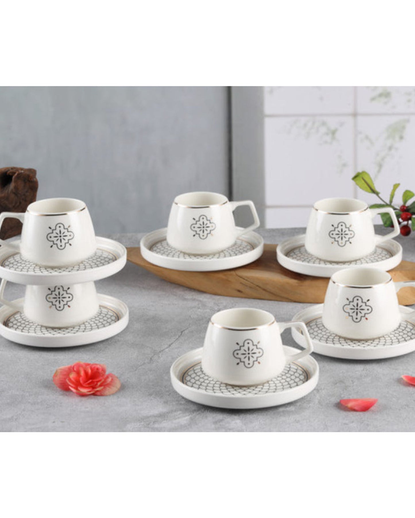 Shallow New Bone China Mona Coffee Cup & Saucer Set, 100ml (White, 6 Cups, 6 Saucer)
