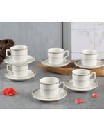 Shallow New Bone China Rosa Coffee Cup & Saucer Set, 90ml (White, 6 Cups, 6 Saucer)