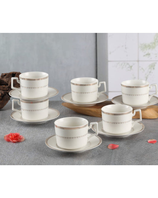 Shallow New Bone China Rosa Tea Cup & Saucer Set, 220ml (White, 6 Cups, 6 Saucer)