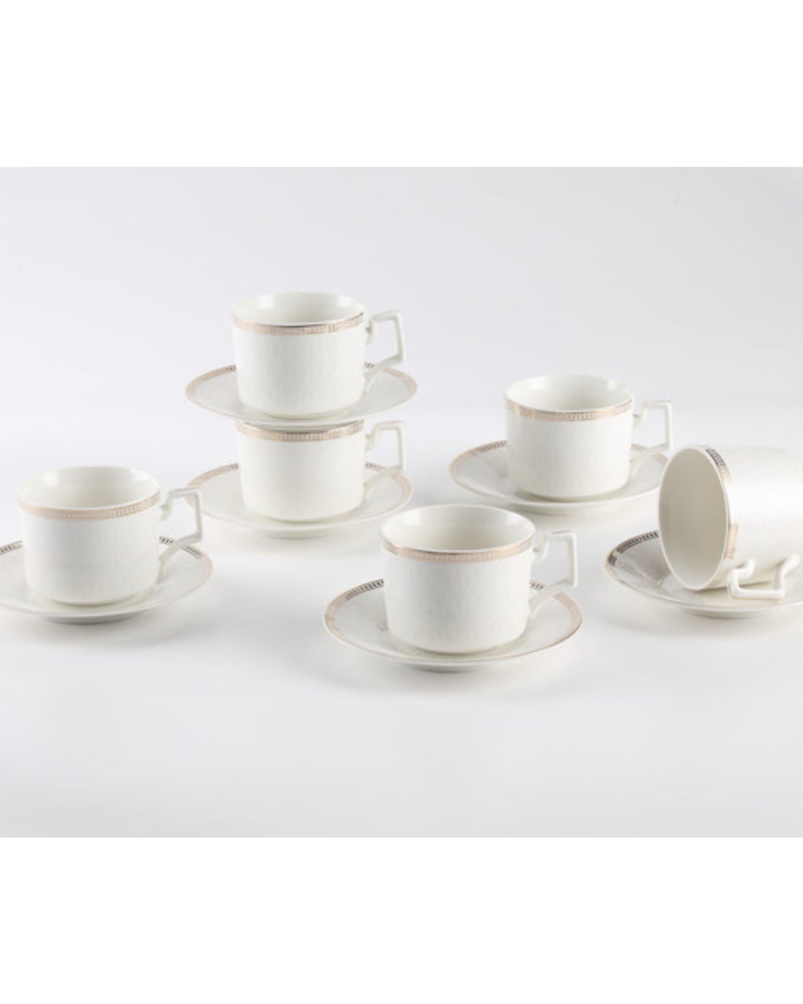Shallow New Bone China Lara Tea Cup & Saucer Set, 220ml (White, 6 Cups, 6 Saucer)