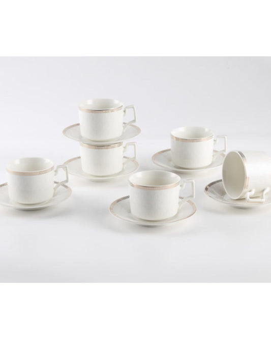 Shallow New Bone China Lara Tea Cup & Saucer Set, 220ml (White, 6 Cups, 6 Saucer)