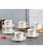 Shallow New Bone China Lara Tea Cup & Saucer Set, 220ml (White, 6 Cups, 6 Saucer)