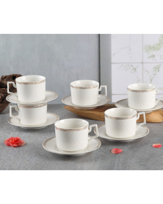Shallow New Bone China Lara Tea Cup & Saucer Set, 220ml (White, 6 Cups, 6 Saucer)