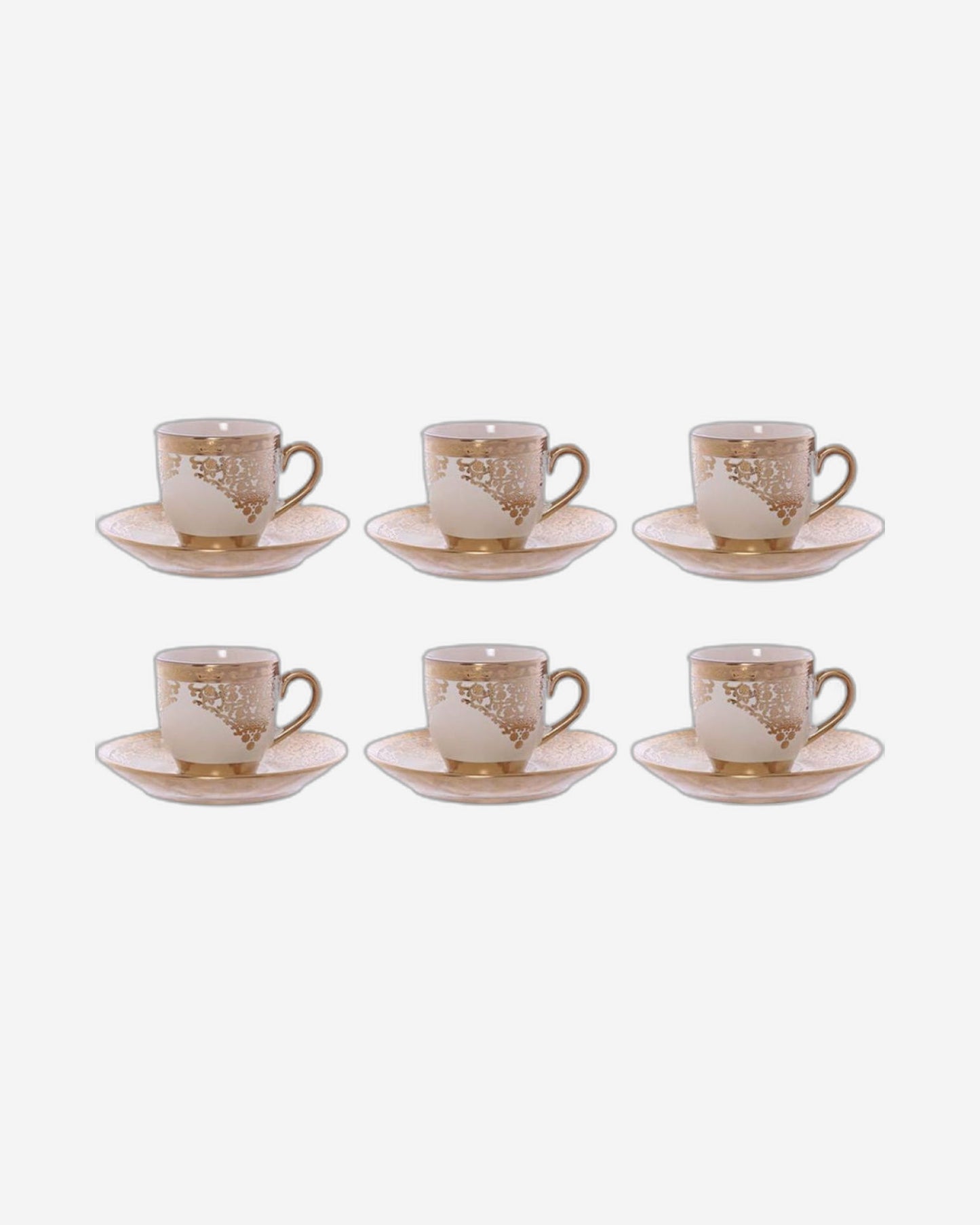 Shallow Porcelain Cup and Saucer Set, 12-Piece, Beige/Gold - Elegant Tea/Coffee Set for Everyday Dining