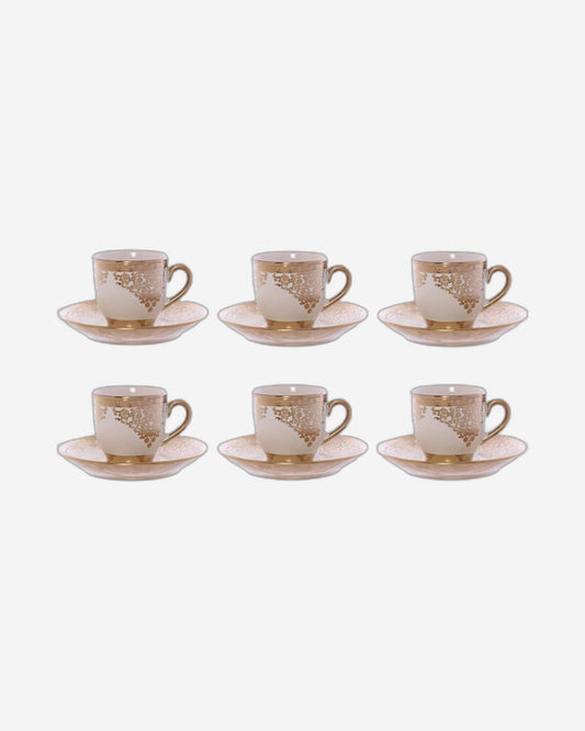 Shallow Porcelain Cup and Saucer Set, 12-Piece, Beige/Gold - Elegant Tea/Coffee Set for Everyday Dining