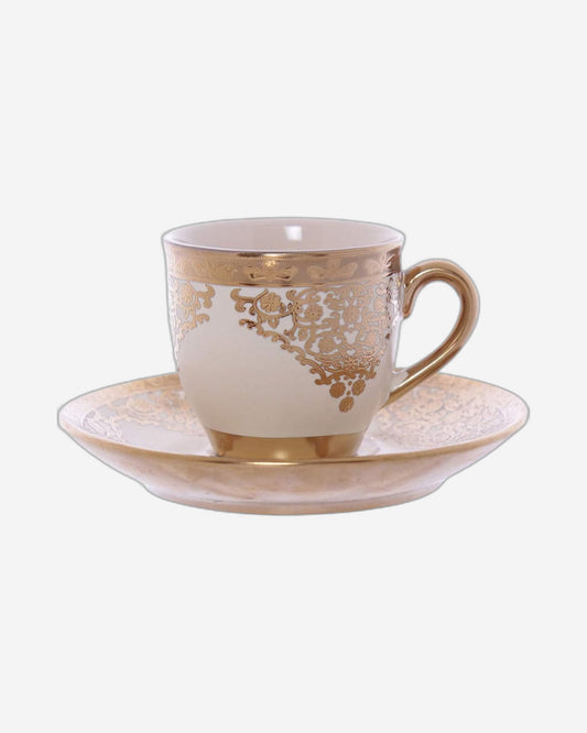Shallow Porcelain Cup and Saucer Set, 12-Piece, Beige/Gold - Elegant Tea/Coffee Set for Everyday Dining