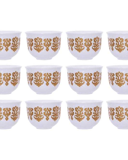 Shallow Bone China Cawa Cup Set, 12-Piece, White/Gold - Elegant Tea/Coffee Cups for Daily Use & Special Occasions
