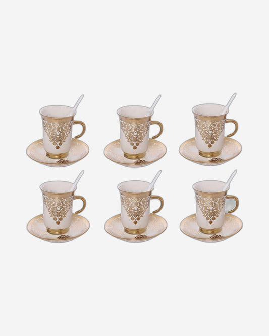 Shallow Porcelain Cup and Saucer Set, 12-Piece, Beige/Gold - Elegant Tea/Coffee Set for Daily Use & Special Occasions