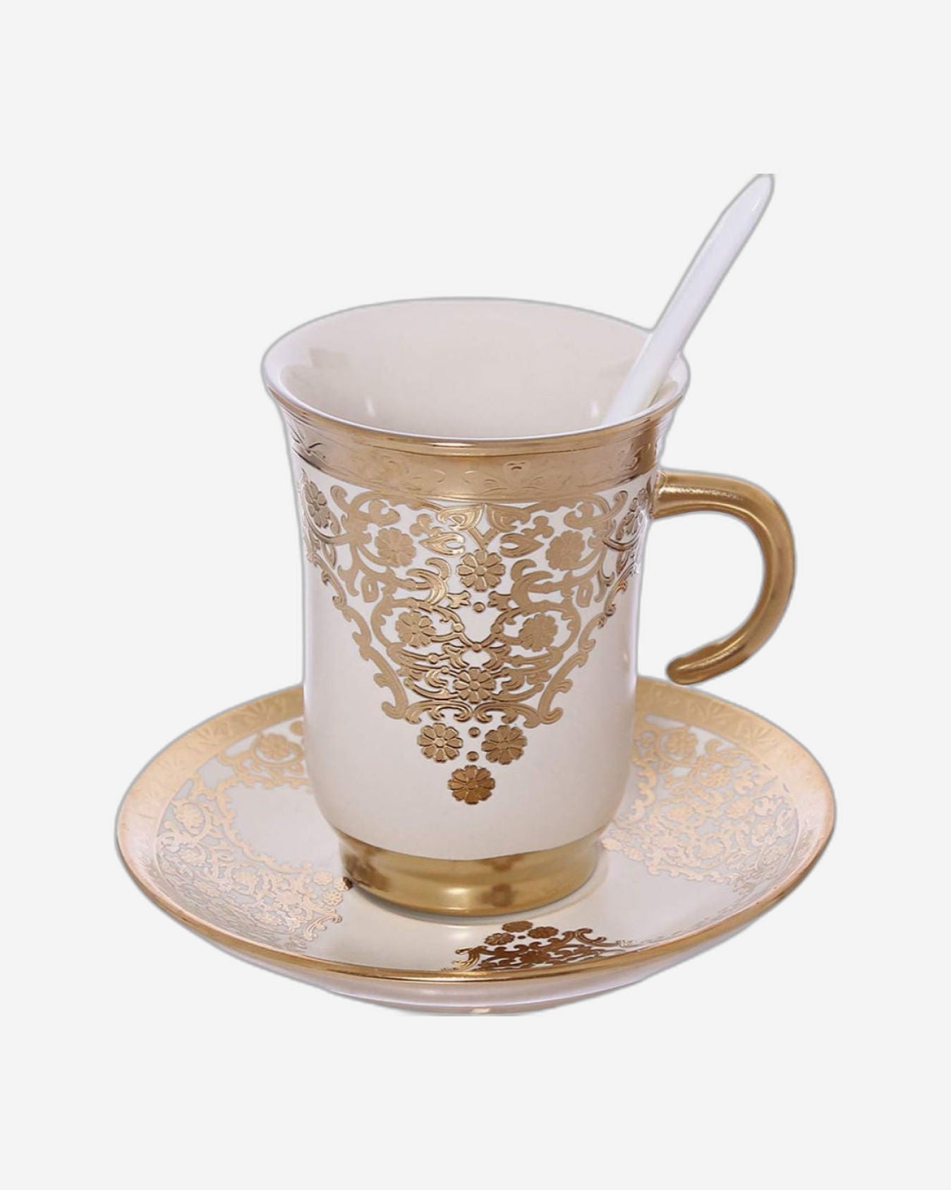 Shallow Porcelain Cup and Saucer Set, 12-Piece, Beige/Gold - Elegant Tea/Coffee Set for Daily Use & Special Occasions