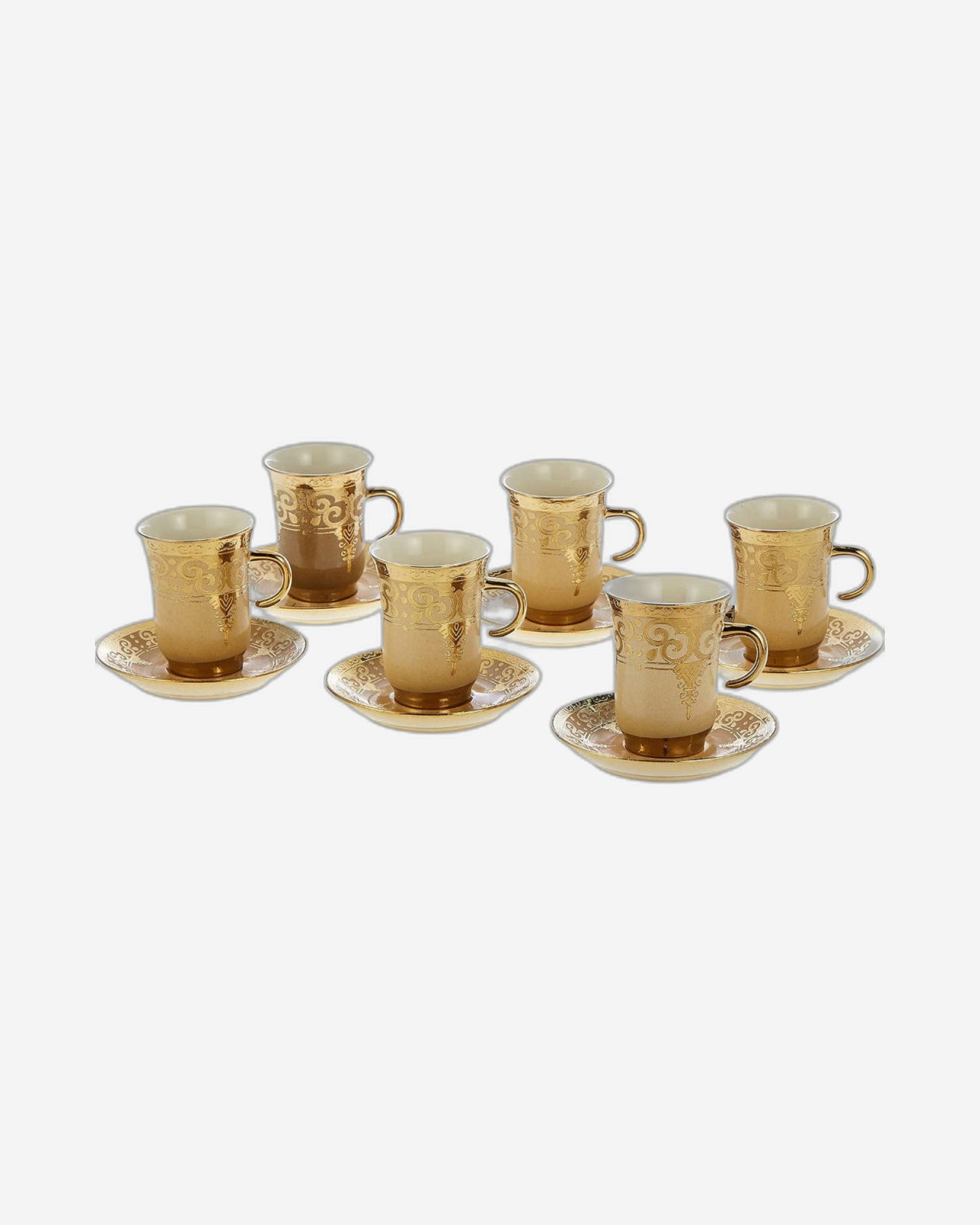 Shallow Porcelain Cup and Saucer Set, 12-Piece, Gold - Elegant Tea/Coffee Set for Everyday Use & Special Occasions