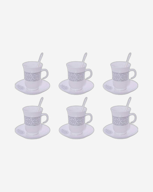 Shallow Porcelain Cup and Saucer Set, 12-Piece, White/Silver - Elegant Tea/Coffee Set for Everyday Use & Special Occasions