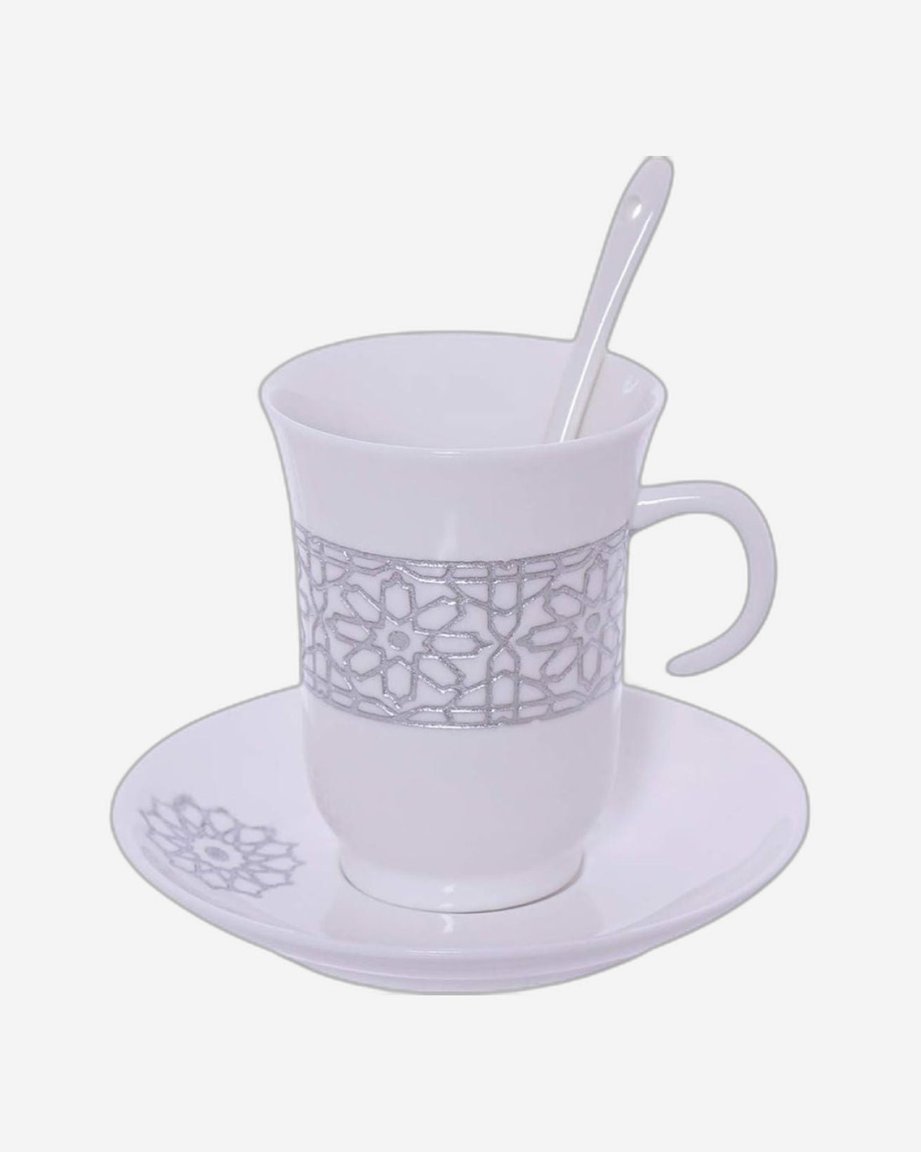 Shallow Porcelain Cup and Saucer Set, 12-Piece, White/Silver - Elegant Tea/Coffee Set for Everyday Use & Special Occasions