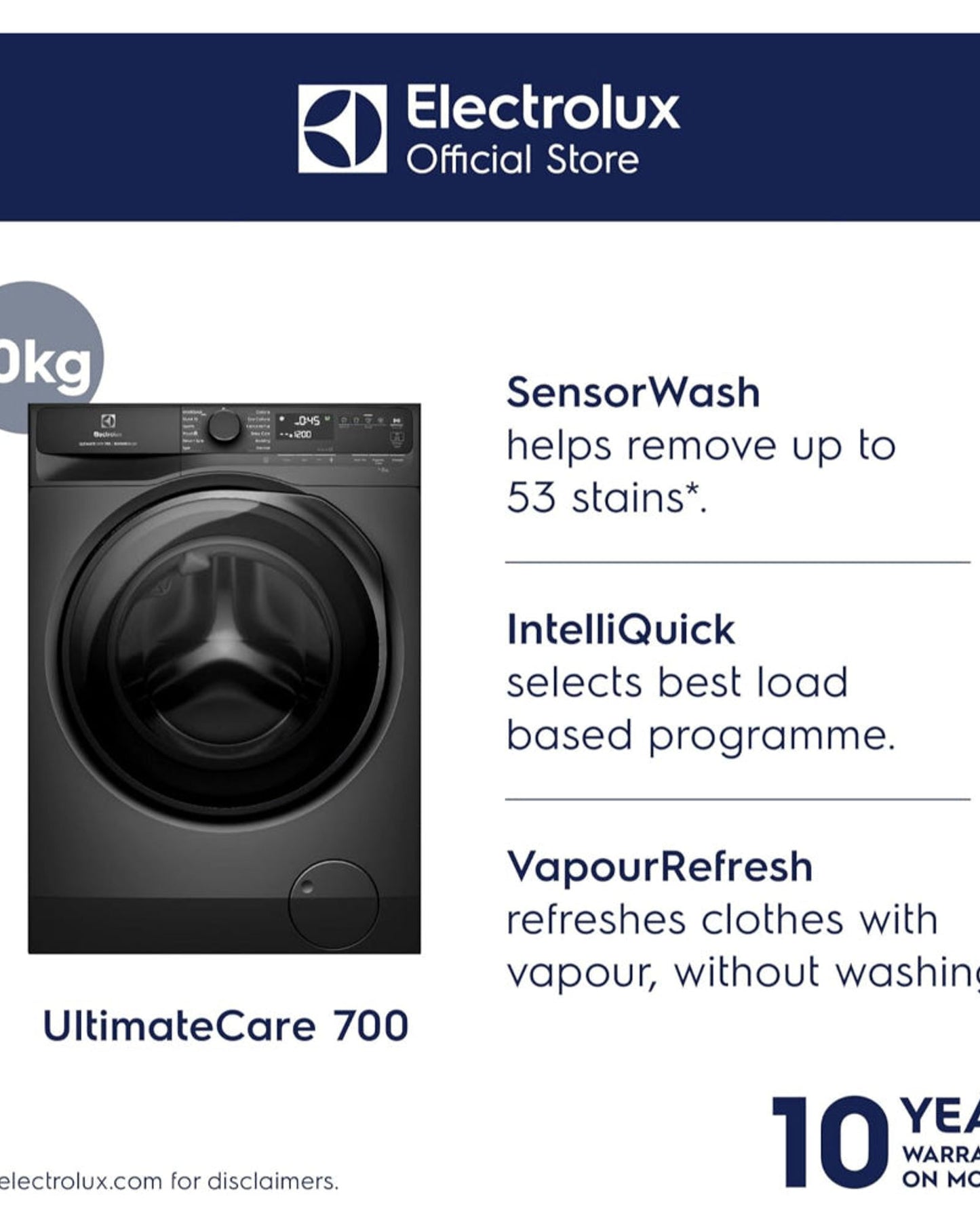 Electrolux 10KG Eco Inverter Motor Front Load Washing Machine, Smart App Connectivity, 1400 RPM & 5 Star Rating, 13 Programs, ULTIMATECARE700 EWF1043R7SC