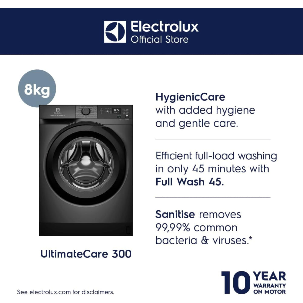 Electrolux 8KG Eco Inverter High Efficiency Motor Front Load Washing Machine, 1200 RPM & 5 Star Rating, 12 Programs includes, ULTIMATECARE300, EWF8024D3SC
