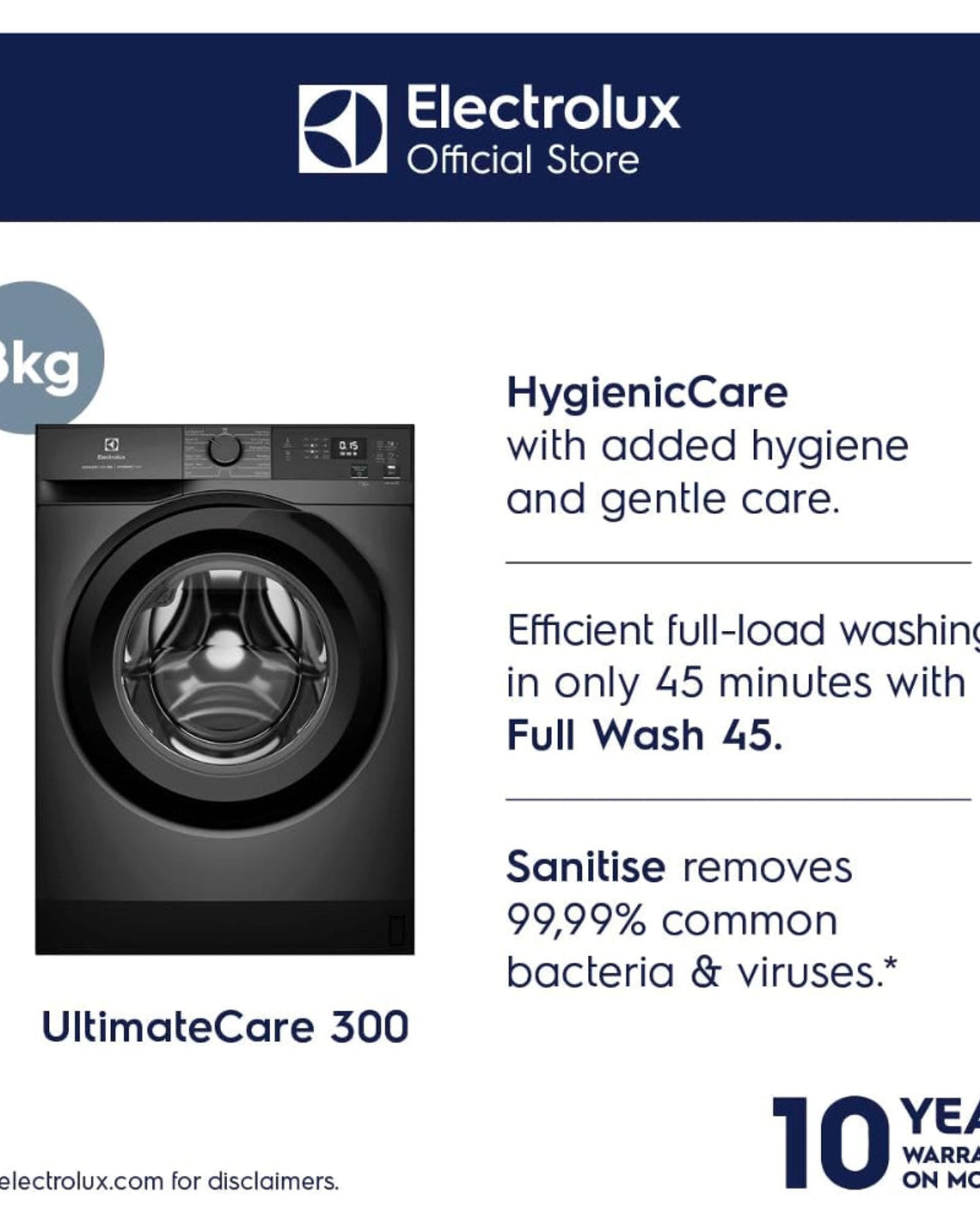 Electrolux 8KG Eco Inverter High Efficiency Motor Front Load Washing Machine, 1200 RPM & 5 Star Rating, 12 Programs includes, ULTIMATECARE300, EWF8024D3SC