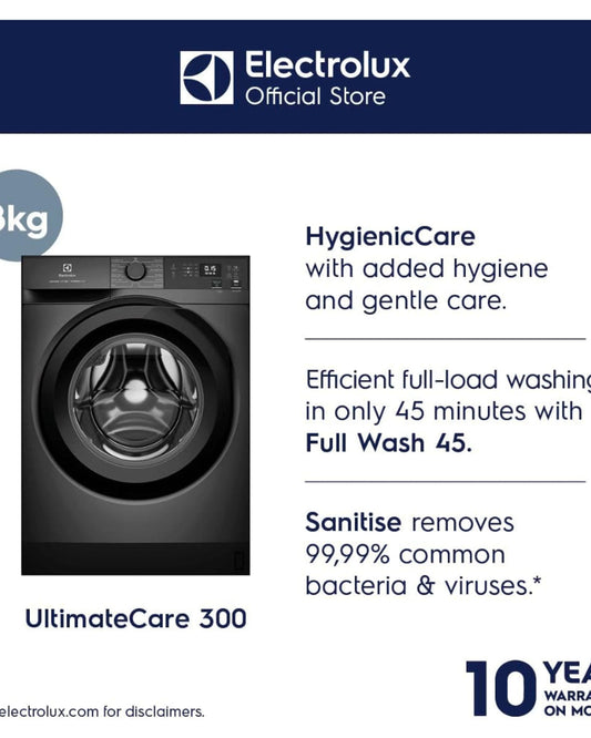 Electrolux 8KG Eco Inverter High Efficiency Motor Front Load Washing Machine, 1200 RPM & 5 Star Rating, 12 Programs includes, ULTIMATECARE300, EWF8024D3SC