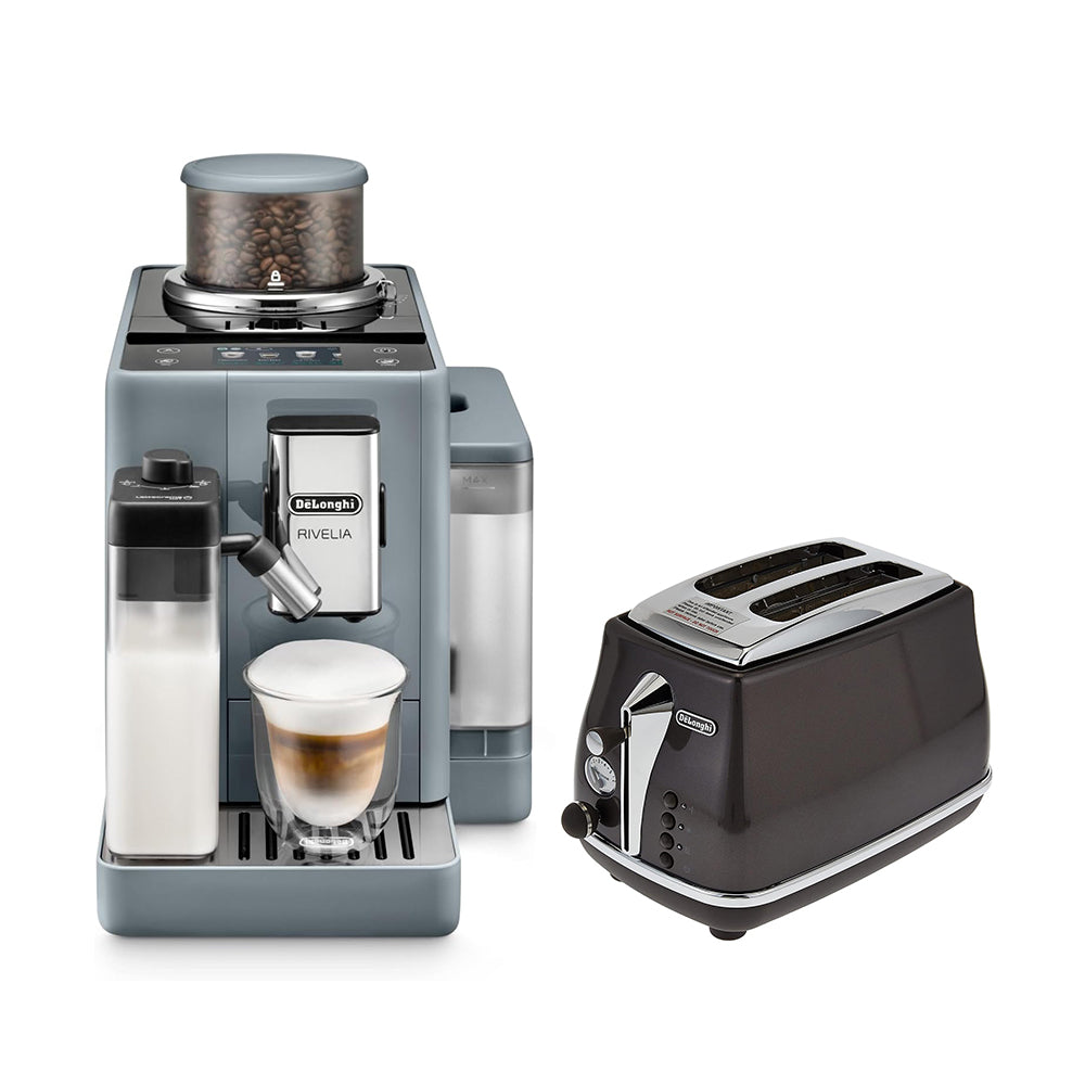  DELONGHI RIVELIA EXAM440.55.G PEBBLE BLUE2 + DELONGHI ICONA METALLICS 2 SLICE TOASTER CTOT2003.GY 