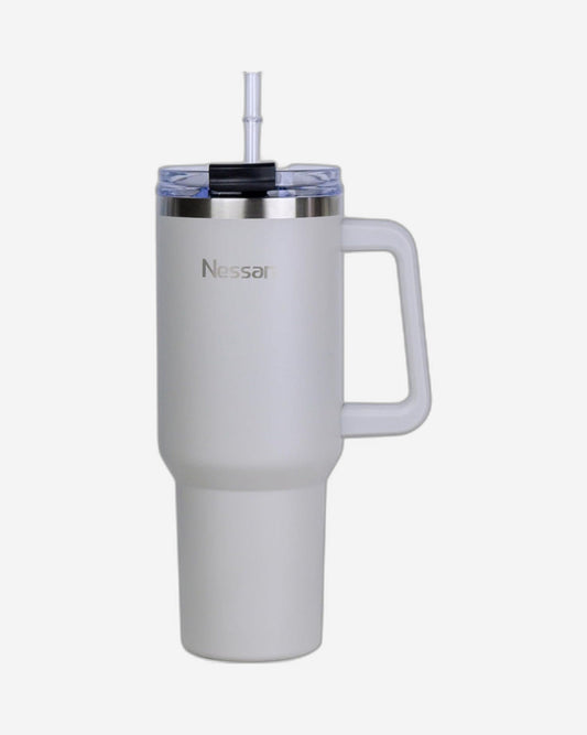 Nessan Double Wall Stainless Steel Vacuum Insulated Travel Mug Tumbler with Dual Function Lid and Straw for Water, Iced Tea or Hot Coffee, Smoothie and More (Beige, 1200ml)