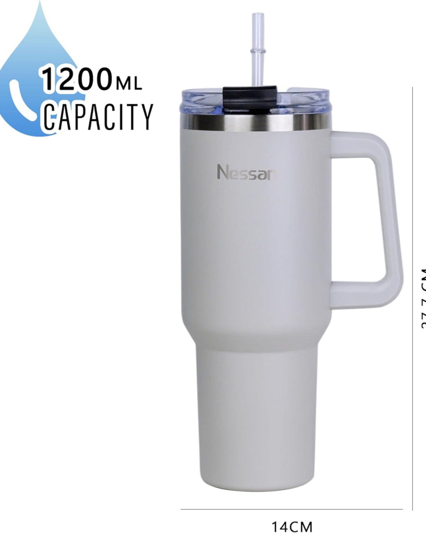 Nessan Double Wall Stainless Steel Vacuum Insulated Travel Mug Tumbler with Dual Function Lid and Straw for Water, Iced Tea or Hot Coffee, Smoothie and More (Beige, 1200ml)