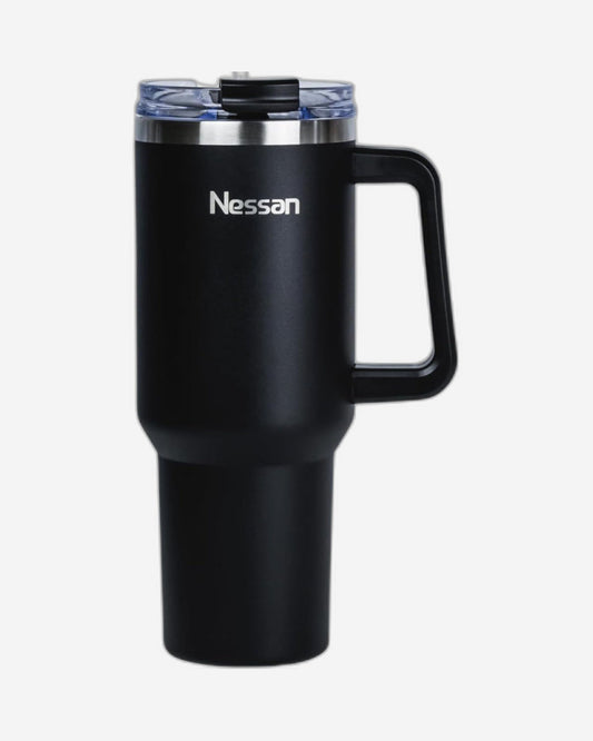 Nessan Double Wall Stainless Steel Vacuum Insulated Travel Mug Tumbler with Dual Function Lid and Straw for Water, Iced Tea or Hot Coffee, Smoothie and More (Black, 1200ml)