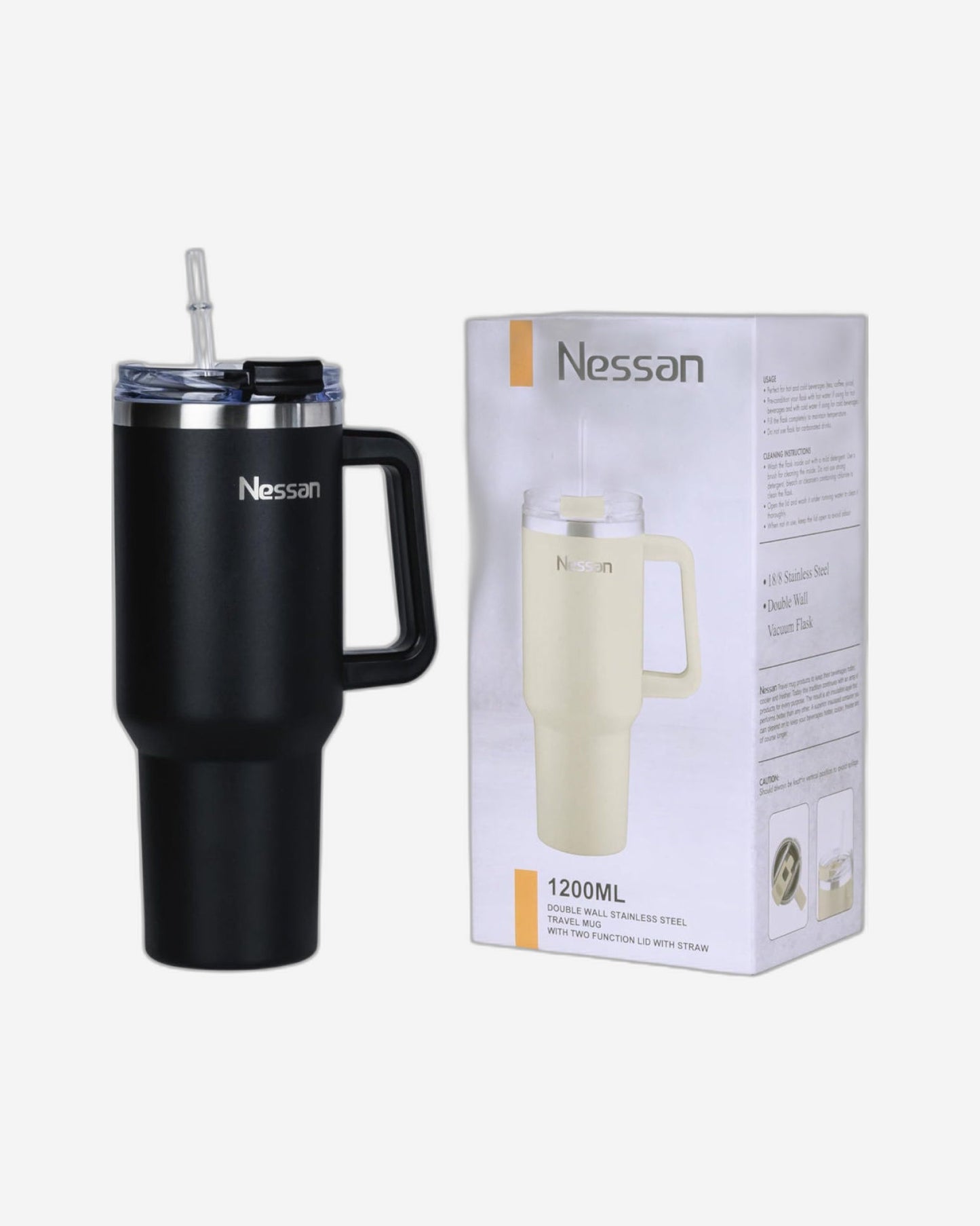 Nessan Double Wall Stainless Steel Vacuum Insulated Travel Mug Tumbler with Dual Function Lid and Straw for Water, Iced Tea or Hot Coffee, Smoothie and More (Black, 1200ml)