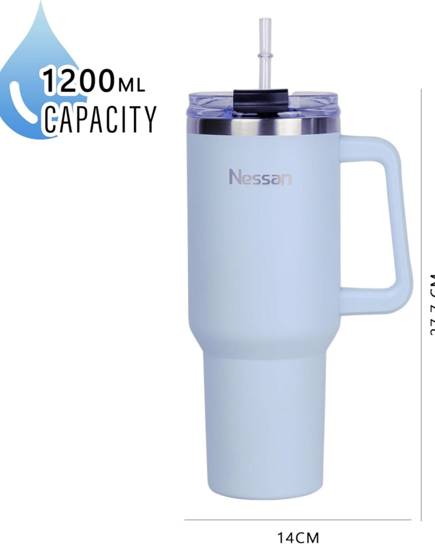 Nessan Double Wall Stainless Steel Vacuum Insulated Travel Mug Tumbler with Dual Function Lid and Straw for Water, Iced Tea or Hot Coffee, Smoothie and More (Blue, 1200ml)