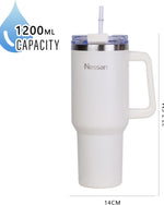 Nessan Double Wall Stainless Steel Vacuum Insulated Travel Mug Tumbler with Dual Function Lid and Straw for Water, Iced Tea or Hot Coffee, Smoothie and More (Cream, 1200ml)