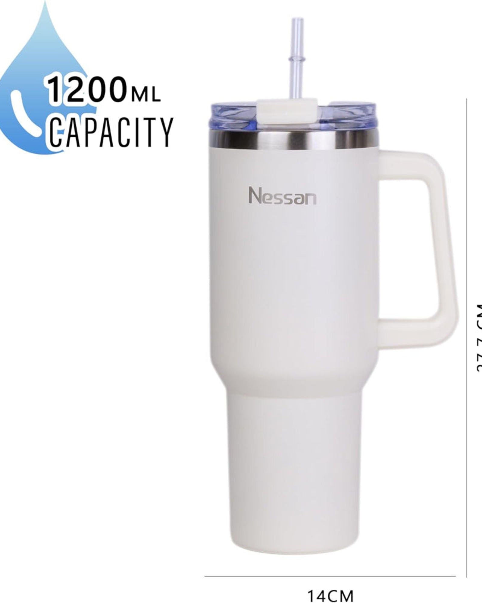 Nessan Double Wall Stainless Steel Vacuum Insulated Travel Mug Tumbler with Dual Function Lid and Straw for Water, Iced Tea or Hot Coffee, Smoothie and More (Cream, 1200ml)