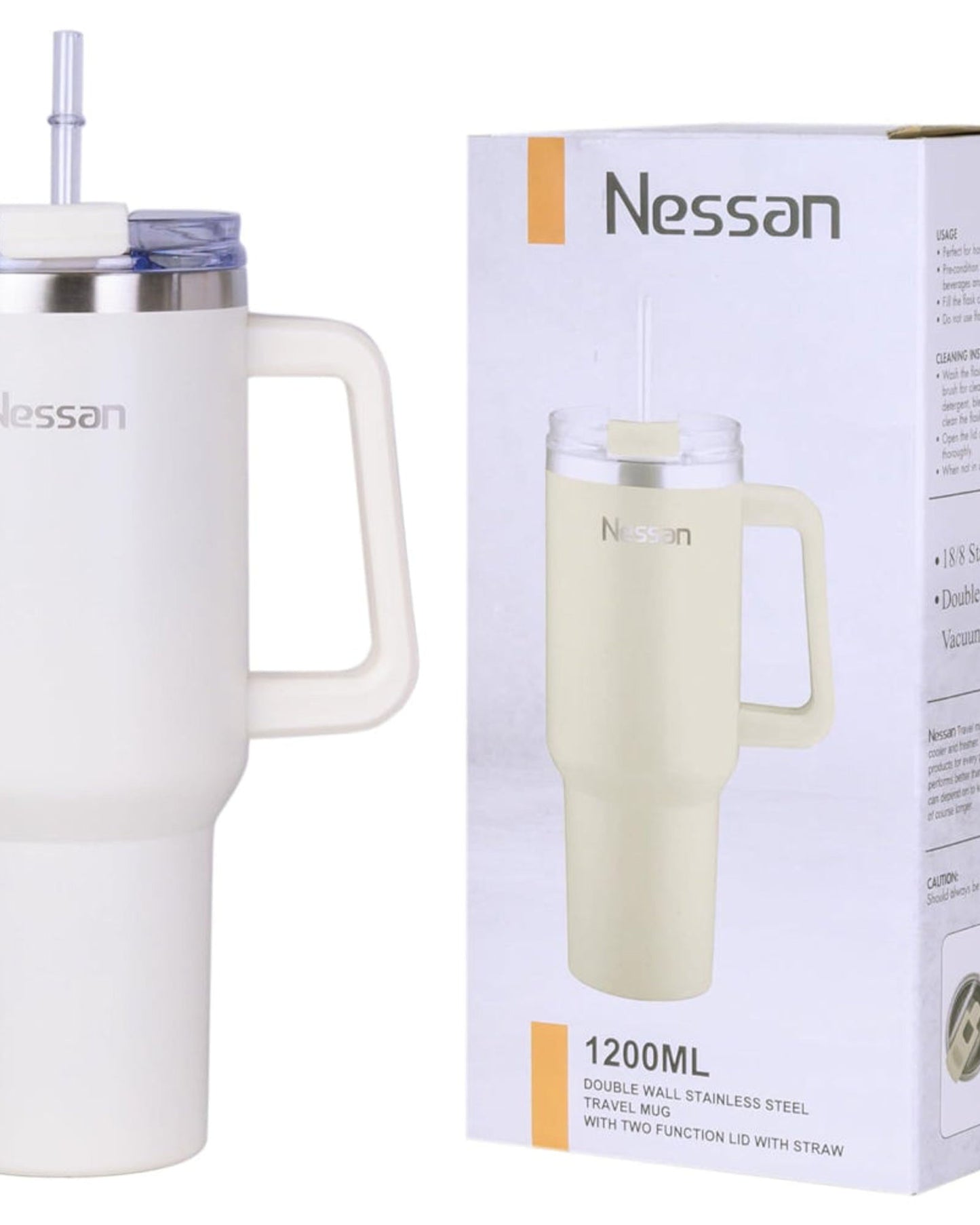Nessan Double Wall Stainless Steel Vacuum Insulated Travel Mug Tumbler with Dual Function Lid and Straw for Water, Iced Tea or Hot Coffee, Smoothie and More (Cream, 1200ml)