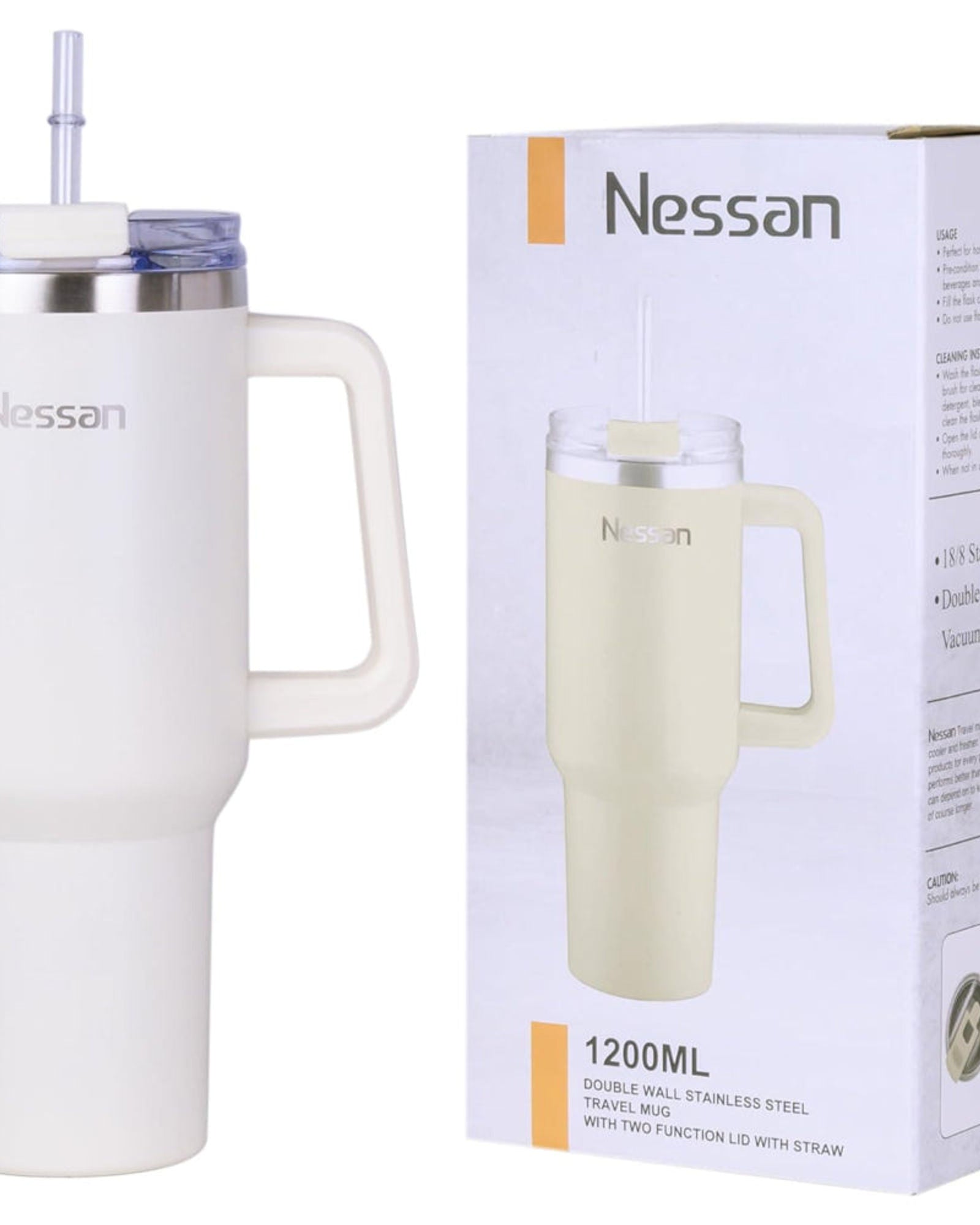 Nessan Double Wall Stainless Steel Vacuum Insulated Travel Mug Tumbler with Dual Function Lid and Straw for Water, Iced Tea or Hot Coffee, Smoothie and More (Cream, 1200ml)