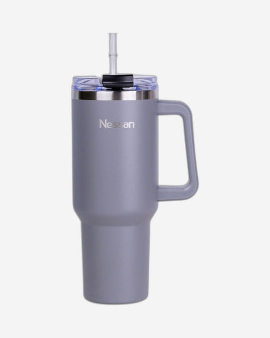 Nessan Double Wall Stainless Steel Vacuum Insulated Travel Mug Tumbler with Dual Function Lid and Straw for Water, Iced Tea or Hot Coffee, Smoothie and More (Grey, 1200ml)
