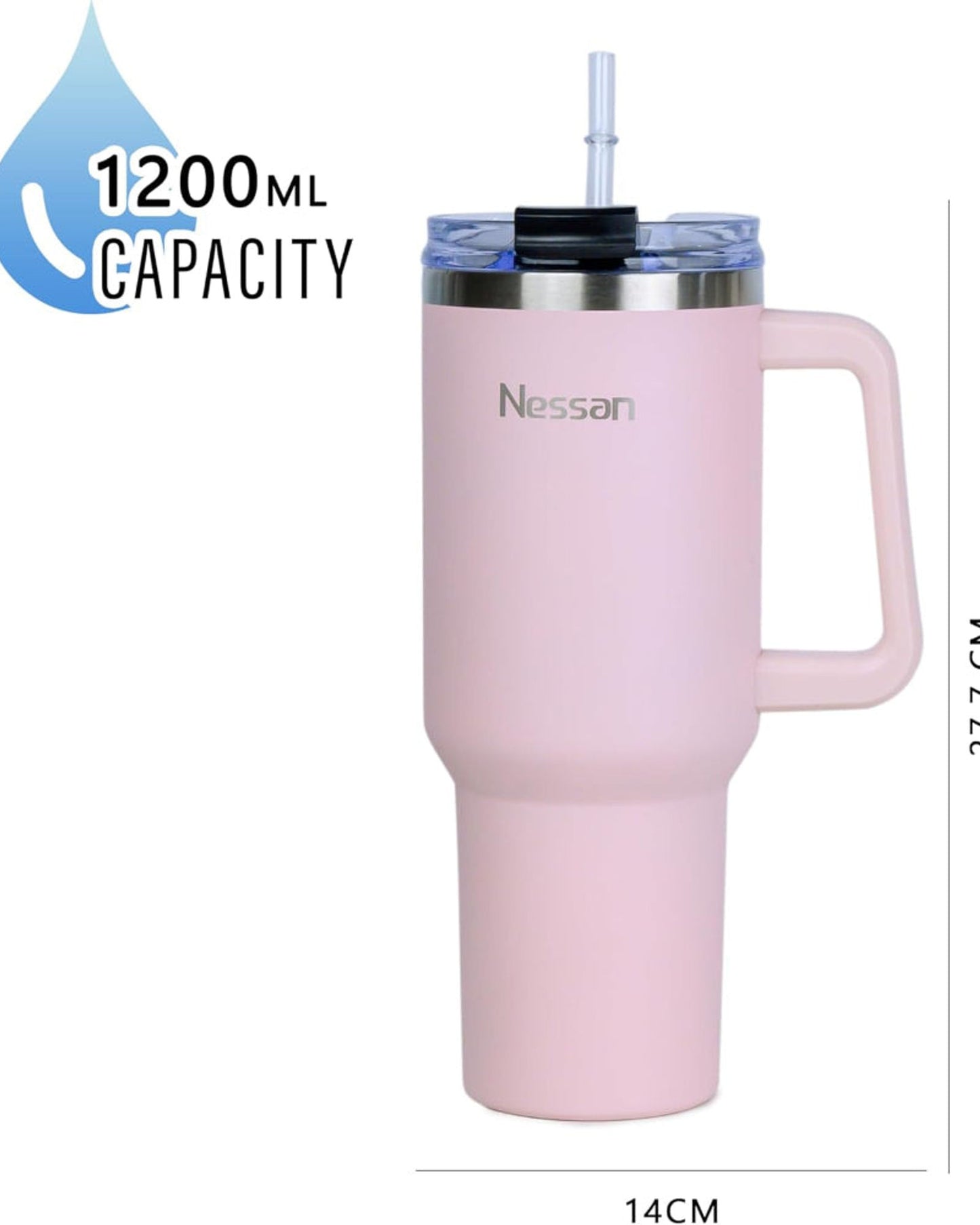 Nessan Double Wall Stainless Steel Vacuum Insulated Travel Mug Tumbler with Dual Function Lid and Straw for Water, Iced Tea or Hot Coffee, Smoothie and More (Pink, 1200ml)
