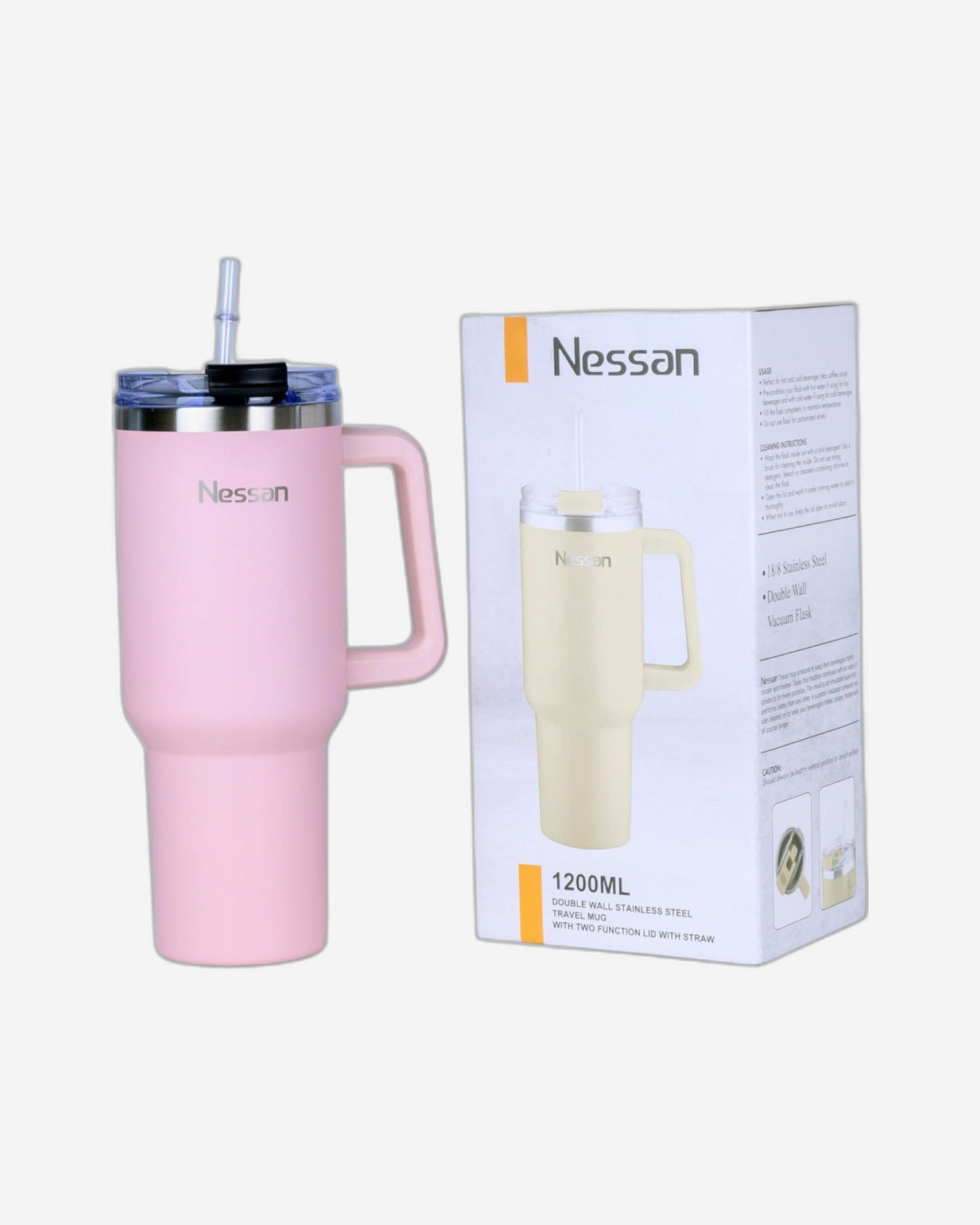 Nessan Double Wall Stainless Steel Vacuum Insulated Travel Mug Tumbler with Dual Function Lid and Straw for Water, Iced Tea or Hot Coffee, Smoothie and More (Pink, 1200ml)