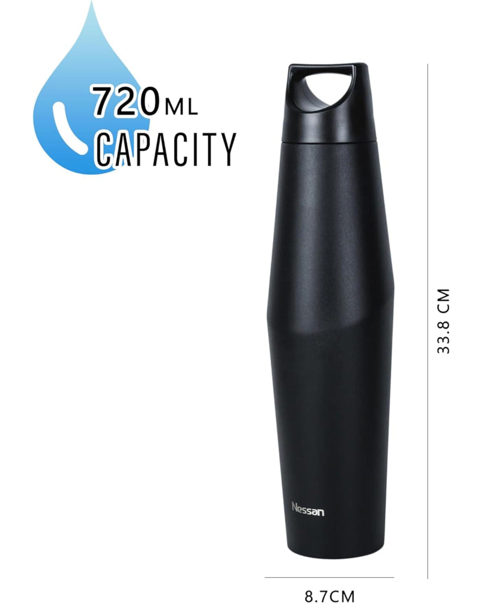 Nessan Double Wall Stainless Steel Vacuum Insulated Travel Flask Bottle for Water, Iced Tea or Hot Coffee, Smoothie and More (Black, 720ml)